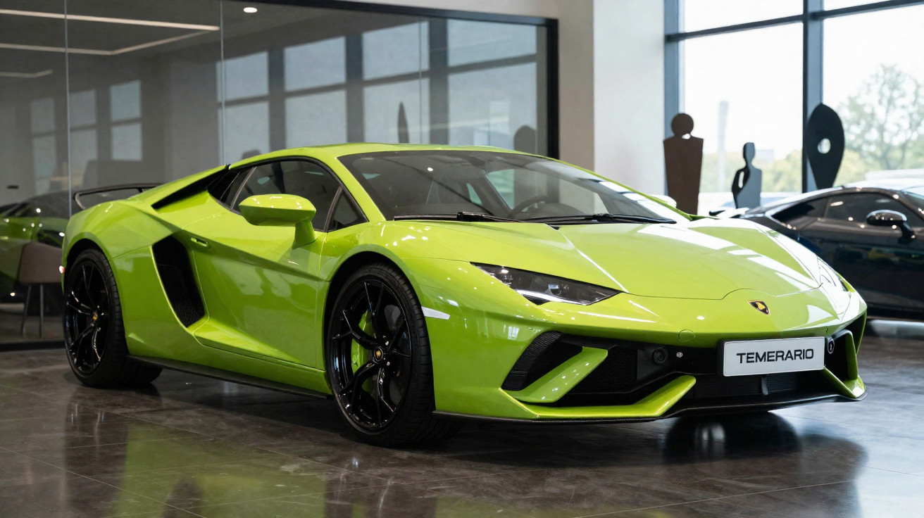 Carro desportivo Lamborghini Aventador verde com jantes negras, exibido numa sala de exposição moderna.