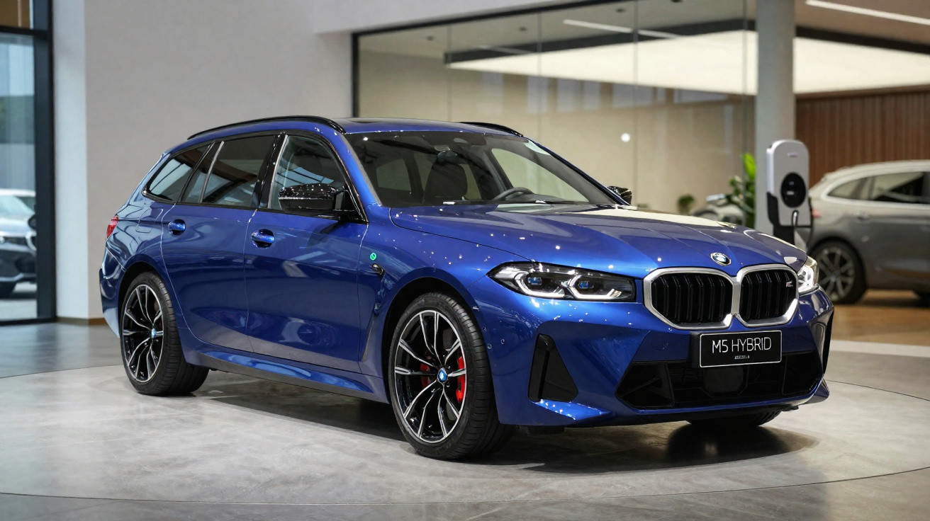 Carro BMW M5 Hybrid azul metálico parado em showroom moderno com chão cinzento e paredes claras.