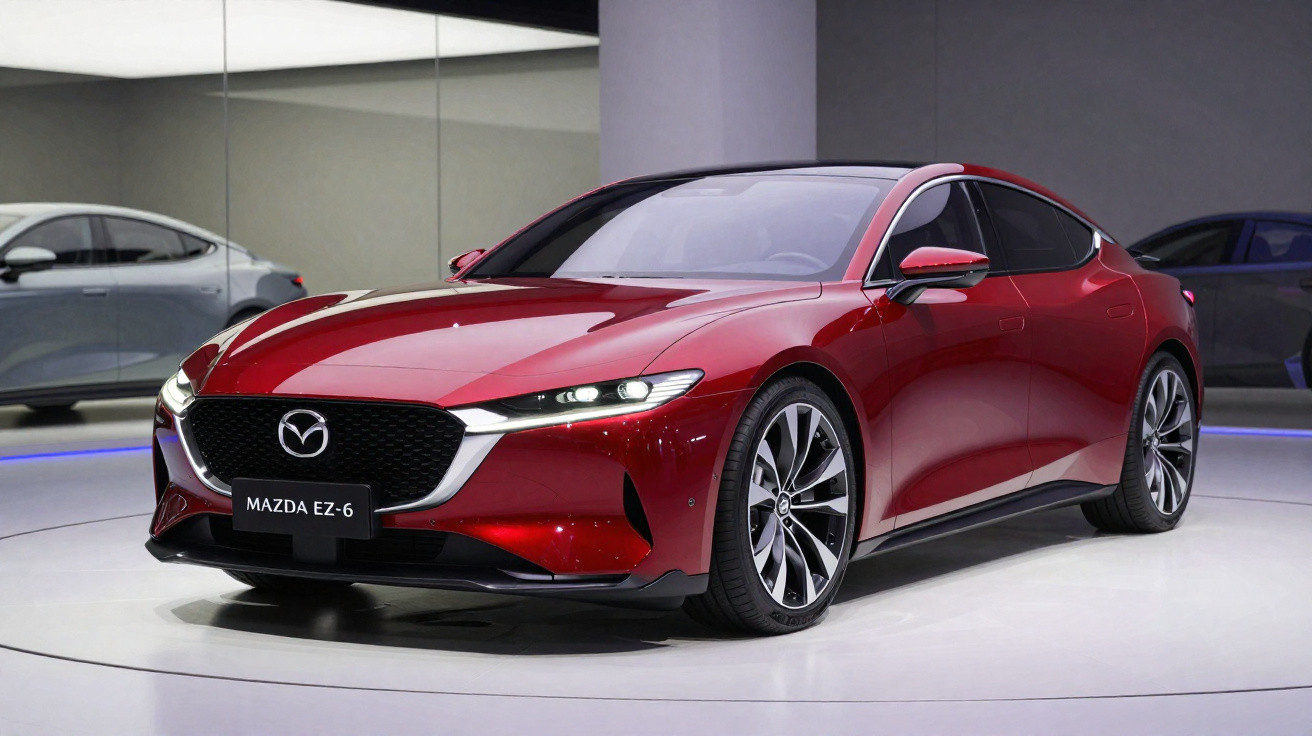 Carro elétrico Mazda E.Z-6 vermelho em exposição sob luz branca num salão moderno.