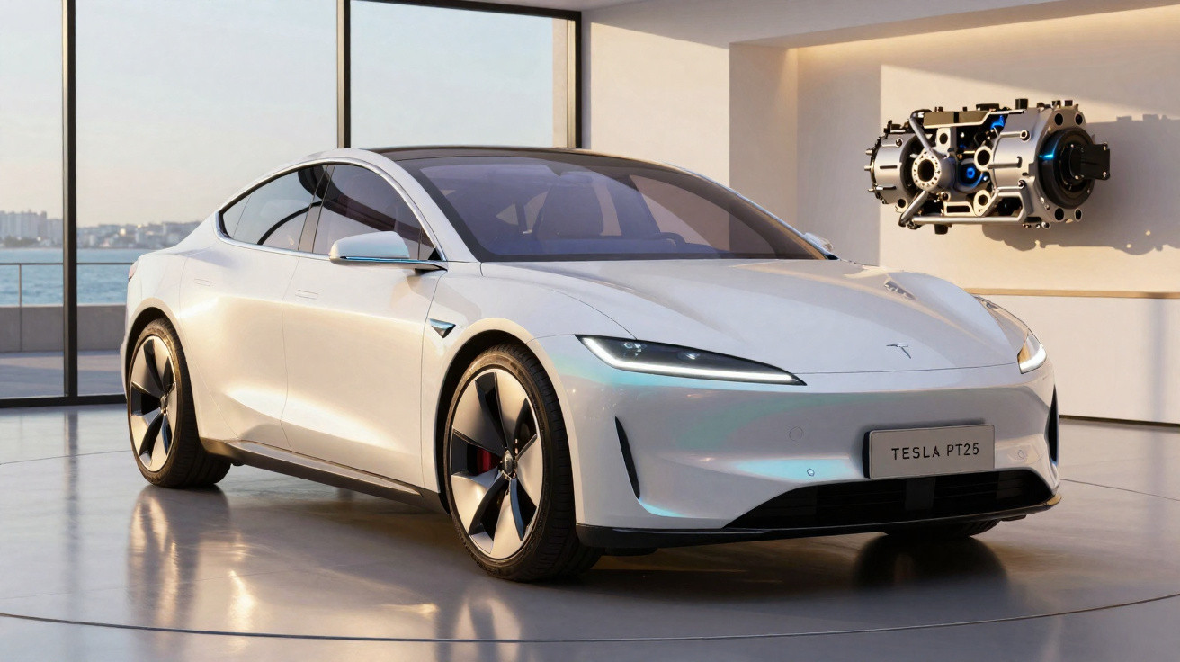 Carro elétrico Tesla PT25 branco numa garagem moderna com vista para o mar e um motor exposto na parede.