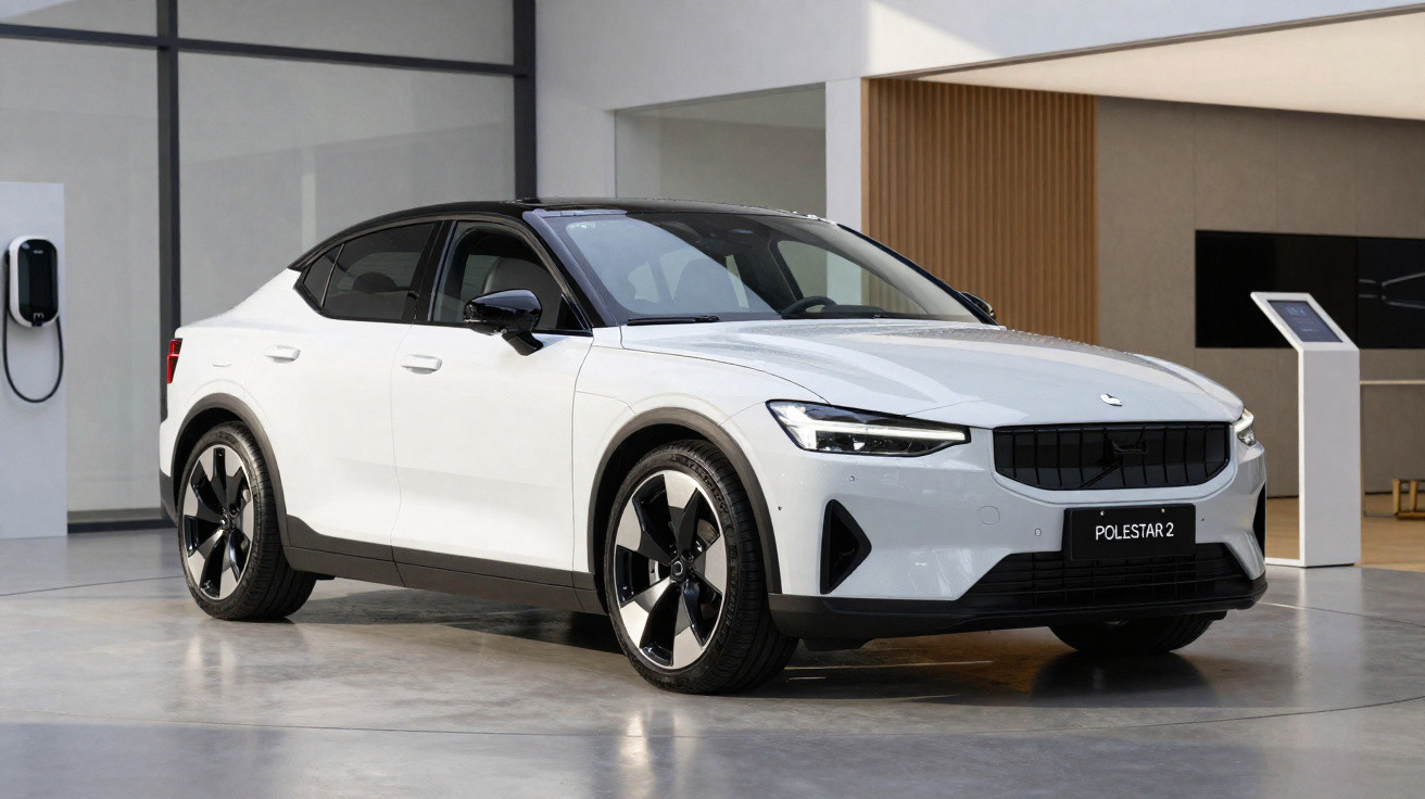 Carro elétrico Polestar 2 branco numa garagem moderna com chão polido e paredes brancas.