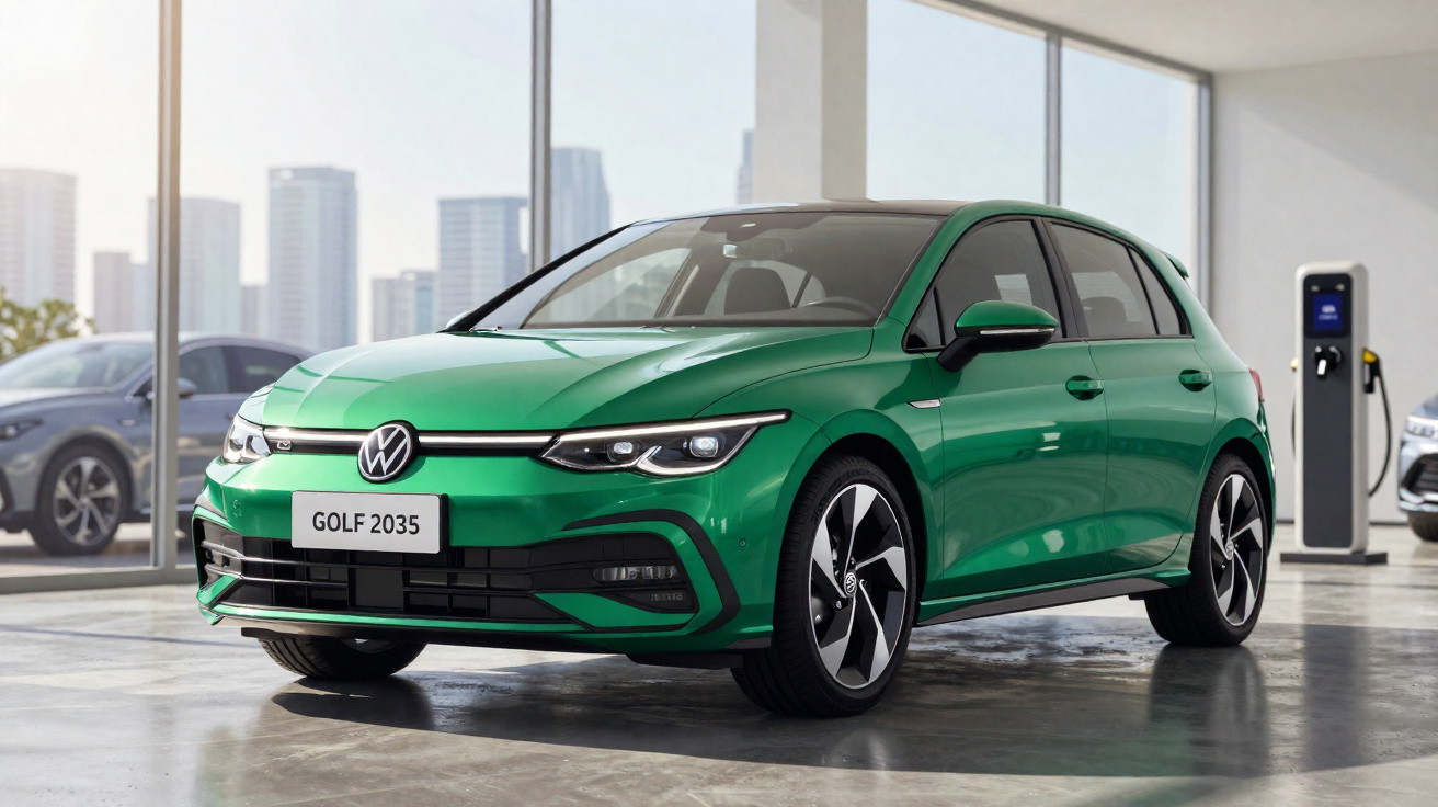 Carro elétrico Volkswagen Golf 2035 verde num espaço moderno com estação de carregamento.