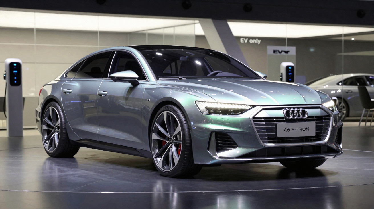 Carro eléctrico Audi A6 e-tron cinzento exibido em salão com estações de carregamento ao fundo.