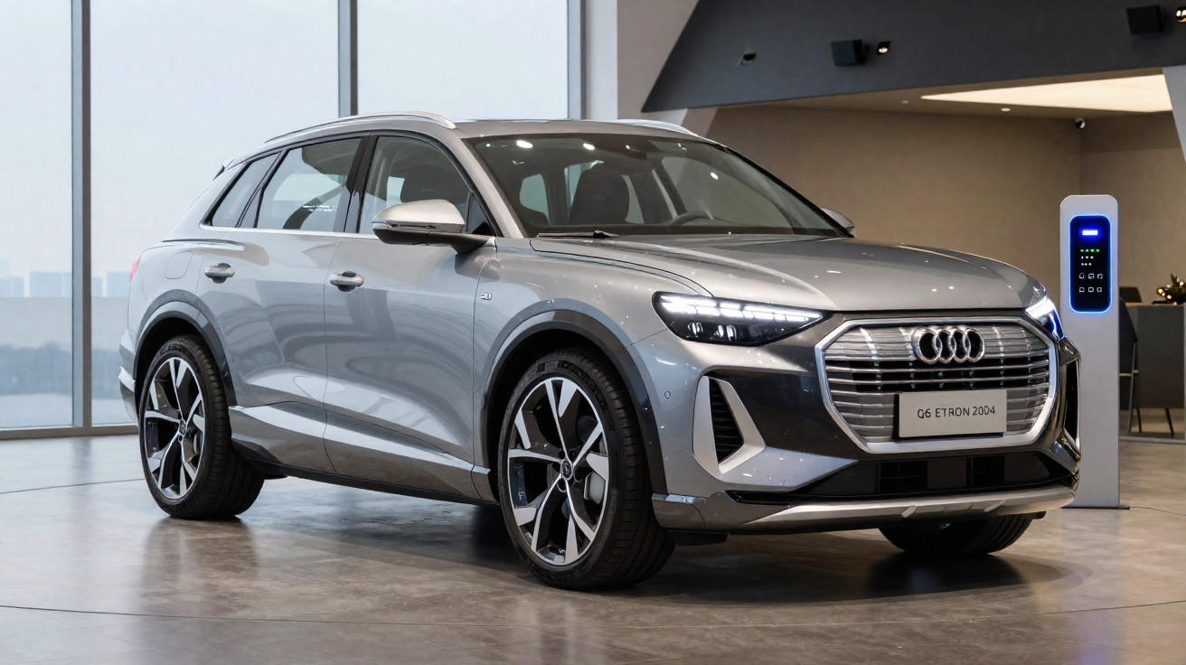 Carro Audi Q6 e-tron cinzento estacionado em showroom com carregador elétrico ao lado.