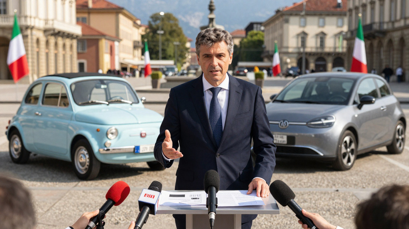 Homem de fato azul a discursar em conferência de imprensa com carros e bandeiras italianas ao fundo.