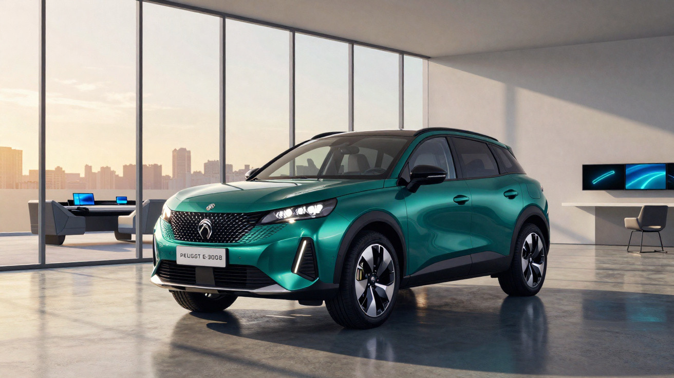 Peugeot e-3008 verde estacionado em ambiente moderno com grandes janelas e vista para a cidade ao entardecer.
