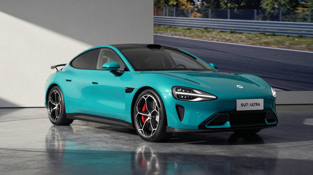 Carro desportivo elétrico verde-azulado, modelo SU7 Ultra, em exposição num espaço interior moderno.