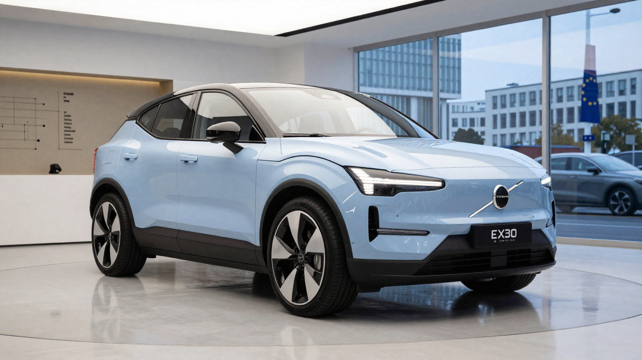 Carro elétrico Volvo EX30 azul exposto em ambiente interno moderno com janelas amplas e luz natural.