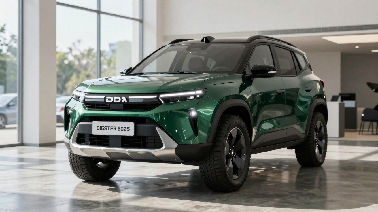 Carro SUV verde metálico Didi Bigster 2025 exposto num showroom com piso de cimento polido.