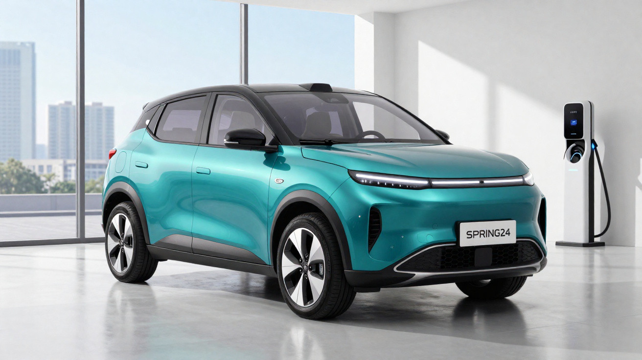 Carro elétrico SUV verde água estacionado em garagem moderna com carregador elétrico montado na parede.