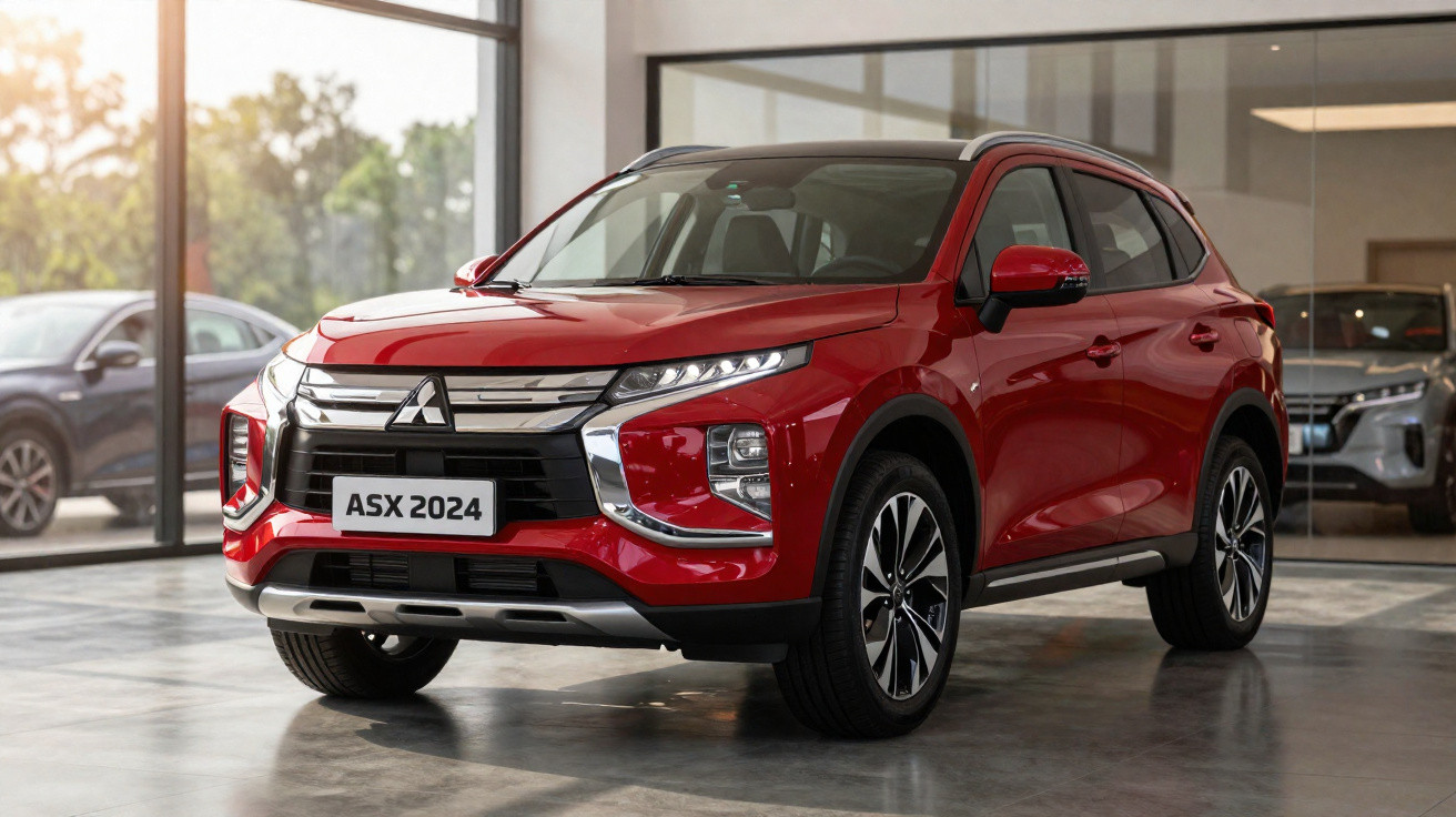 Veículo SUV vermelho Mitsubishi ASX 2024 estacionado em exterior com vidro refletor ao fundo.