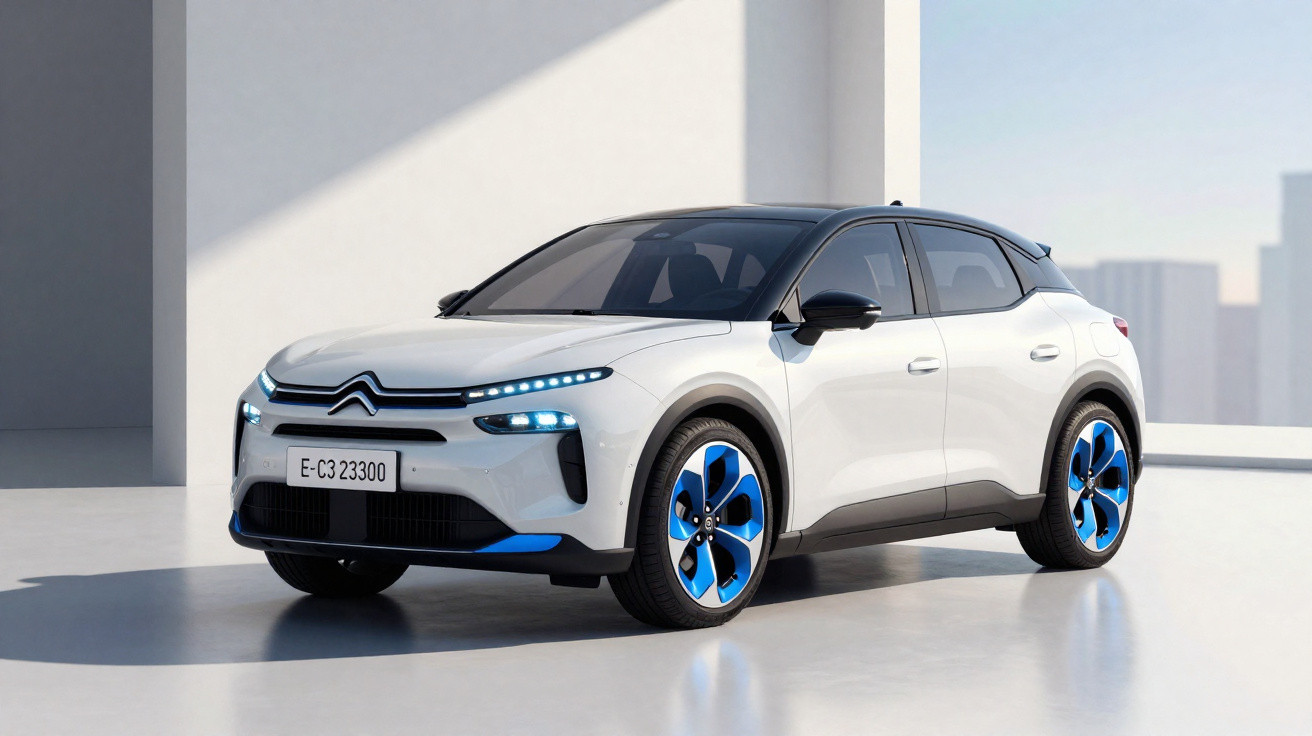 Carro elétrico branco Citroën C3 com detalhes azuis estacionado em espaço moderno e luminoso.