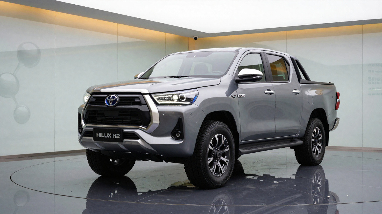 Pick-up Toyota Hilux H2 prateada estacionada em estúdio com iluminação amarela nas paredes.