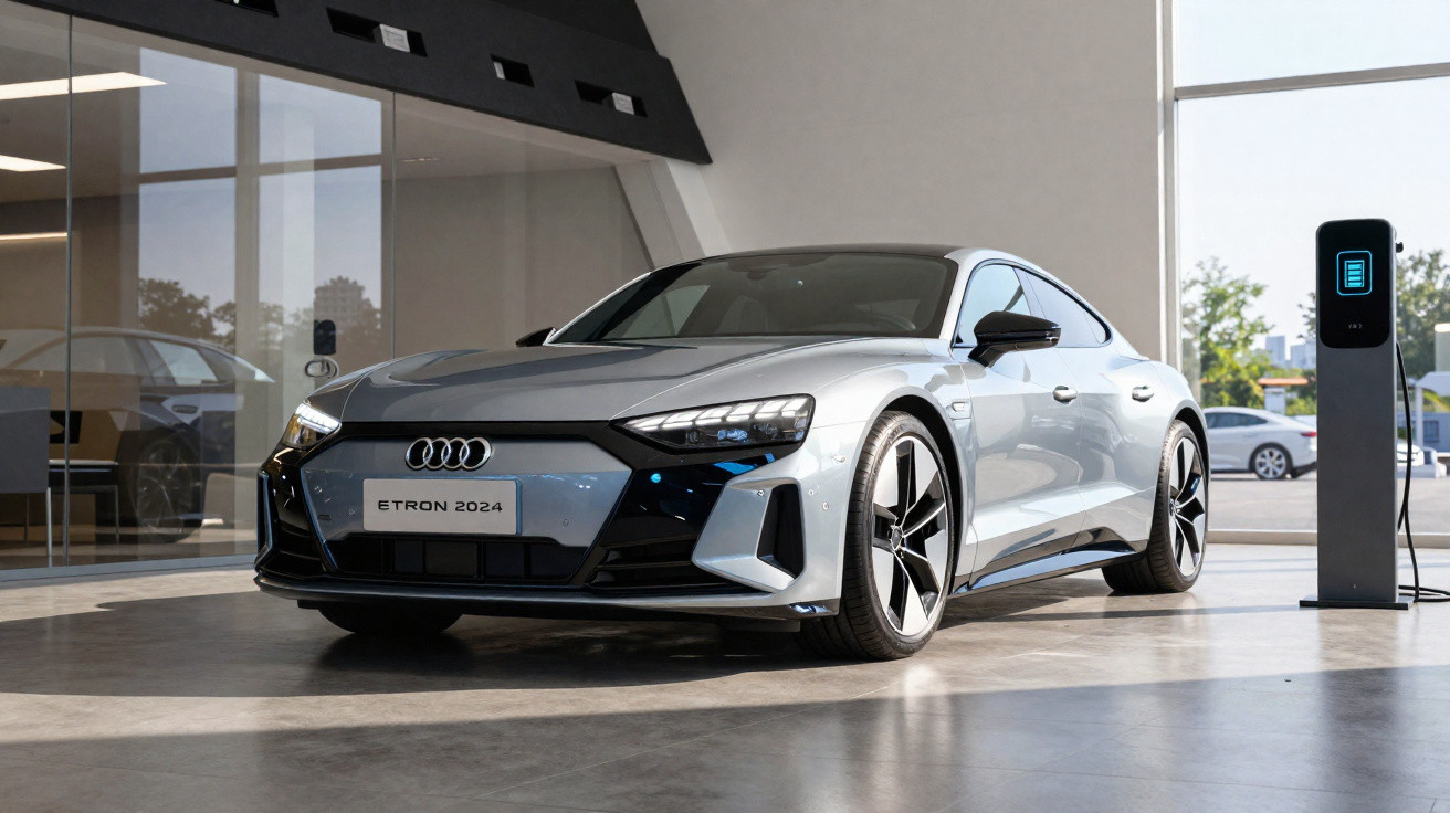 Audi e-tron 2024 cinza estacionado ao lado de estação de carregamento elétrica em espaço moderno com muita luz natural.
