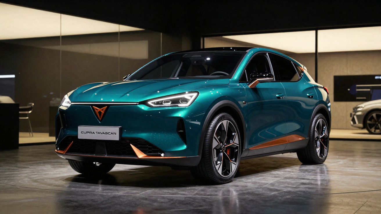 Cupra Tavascán elétrico verde em exposição numa sala moderna com iluminação suave.