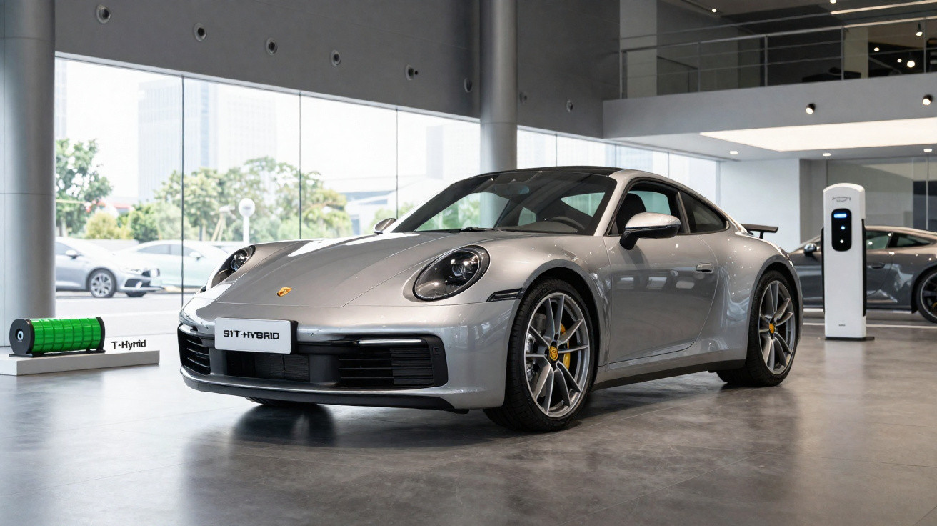 Automóvel desportivo Porsche 911 híbrido prateado estacionado num showroom moderno e luminoso.
