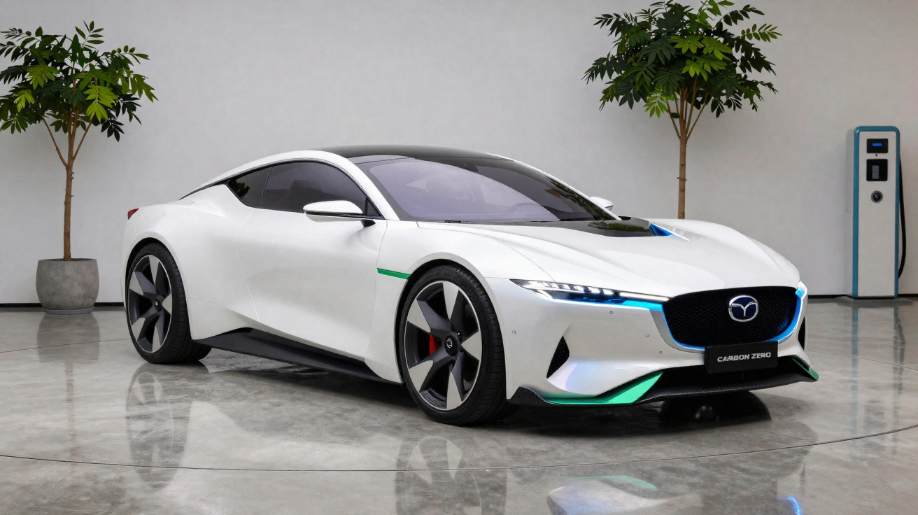 Carro desportivo elétrico branco futurista estacionado num espaço interior com estação de carregamento ao fundo.