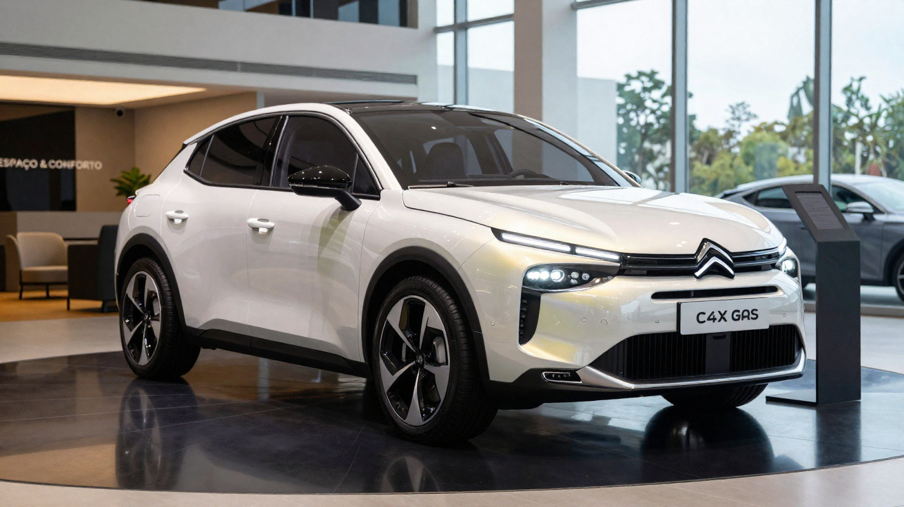 Automóvel Citroën C4X Gas branco exibido em showroom moderno e iluminado.