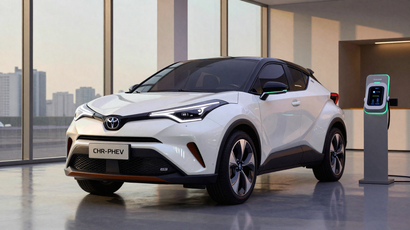 Carro híbrido Toyota CHR-PHEV branco estacionado ao lado de posto de carregamento elétrico interior.