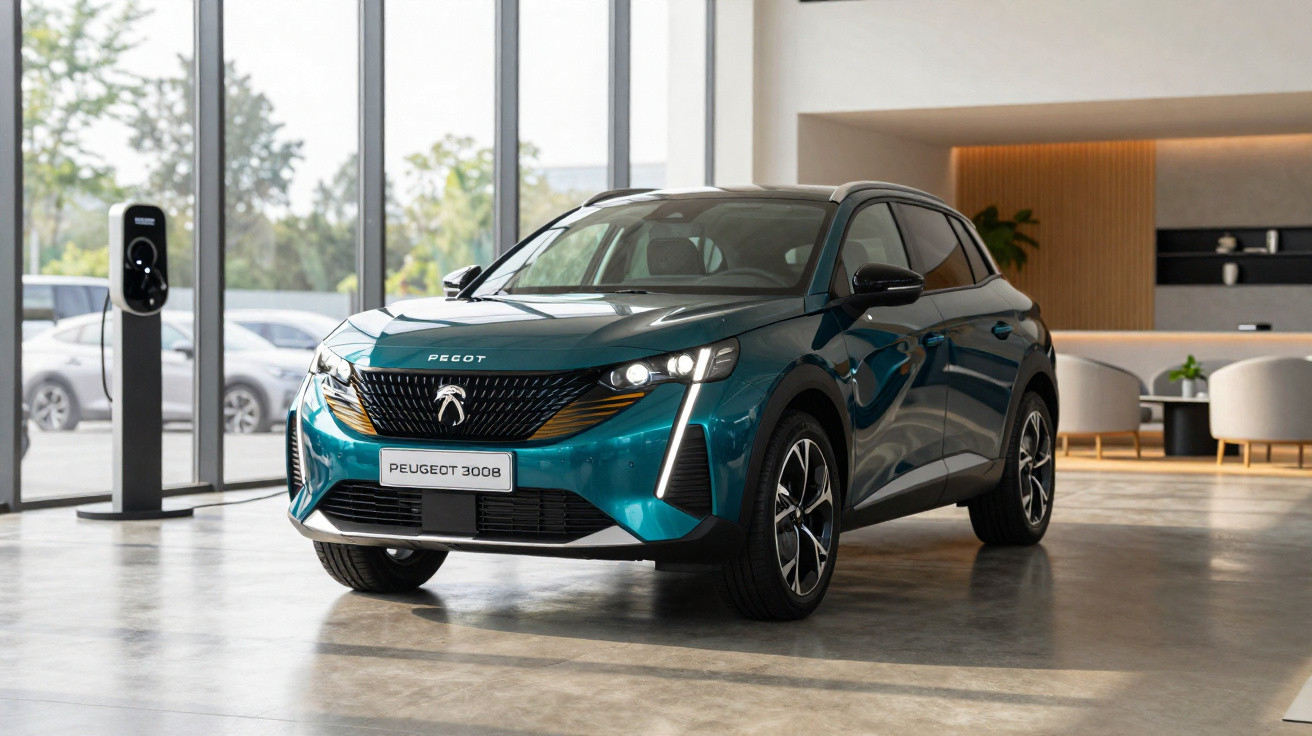 Automóvel Peugeot 3008 verde estacionado em showroom moderno com carregador elétrico ao lado.