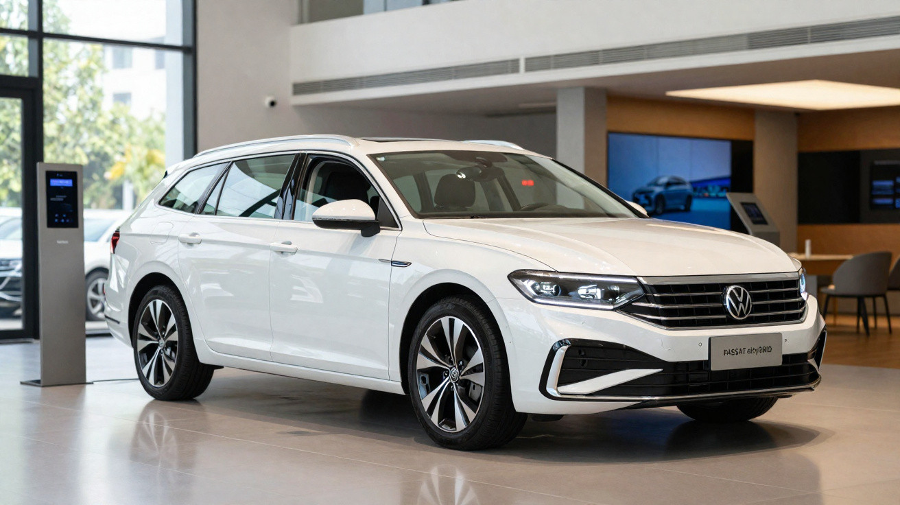 Automóvel Volkswagen Passat híbrido branco estacionado em showroom moderno e iluminado.
