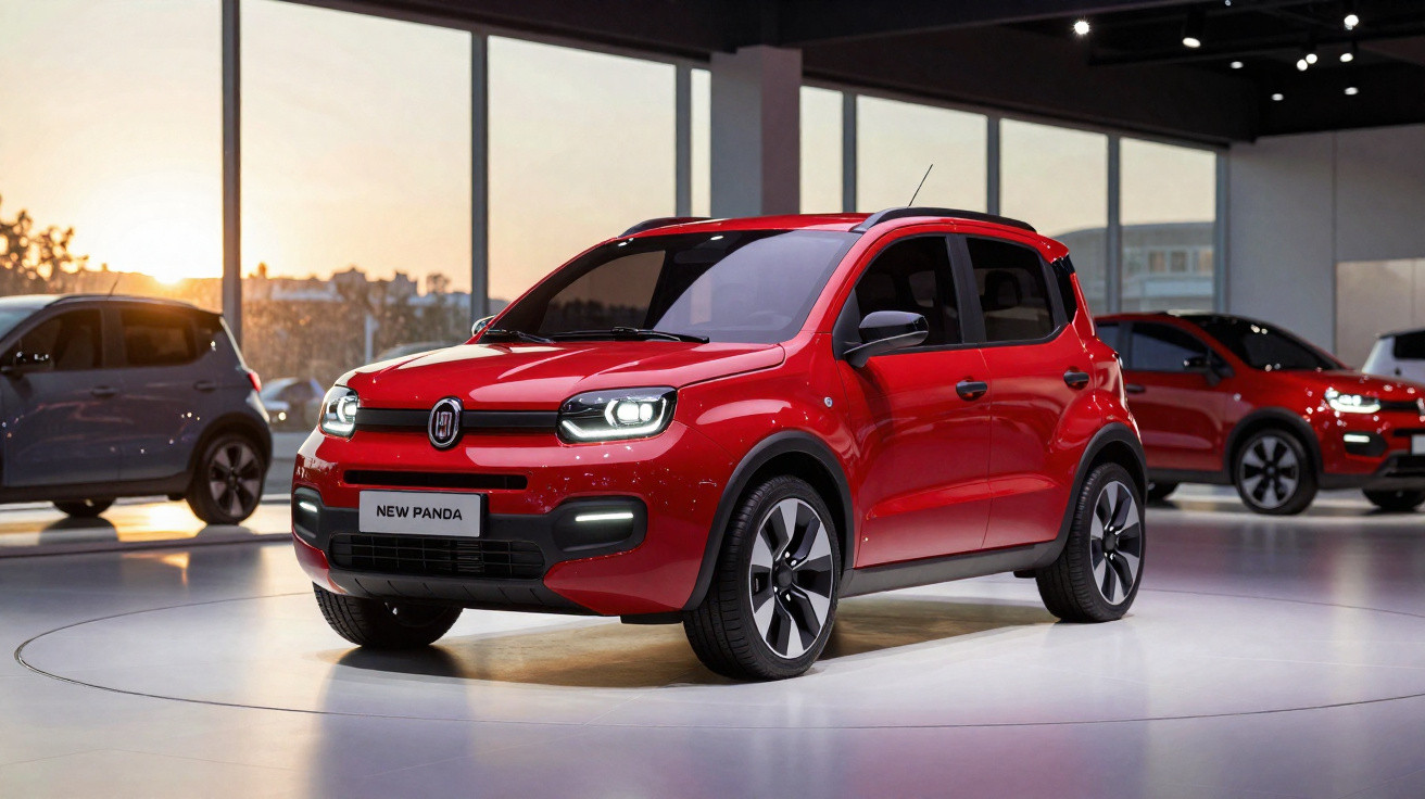 Carro vermelho Fiat New Panda em exposição interior com janelas amplas e carros ao fundo.
