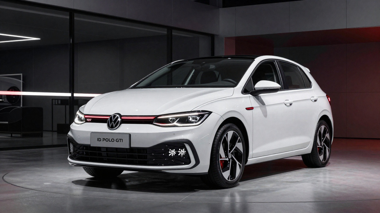 Carro branco Volkswagen ID Polo GTI estacionado em interior moderno com iluminação suave.