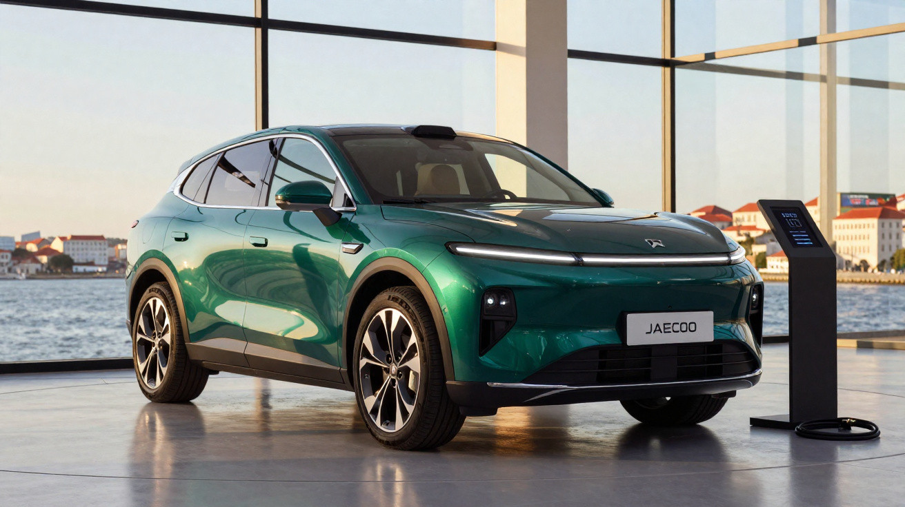 Carro elétrico verde JAECO7 junto a posto de carregamento interior com vista para rio e cidade ao fundo.
