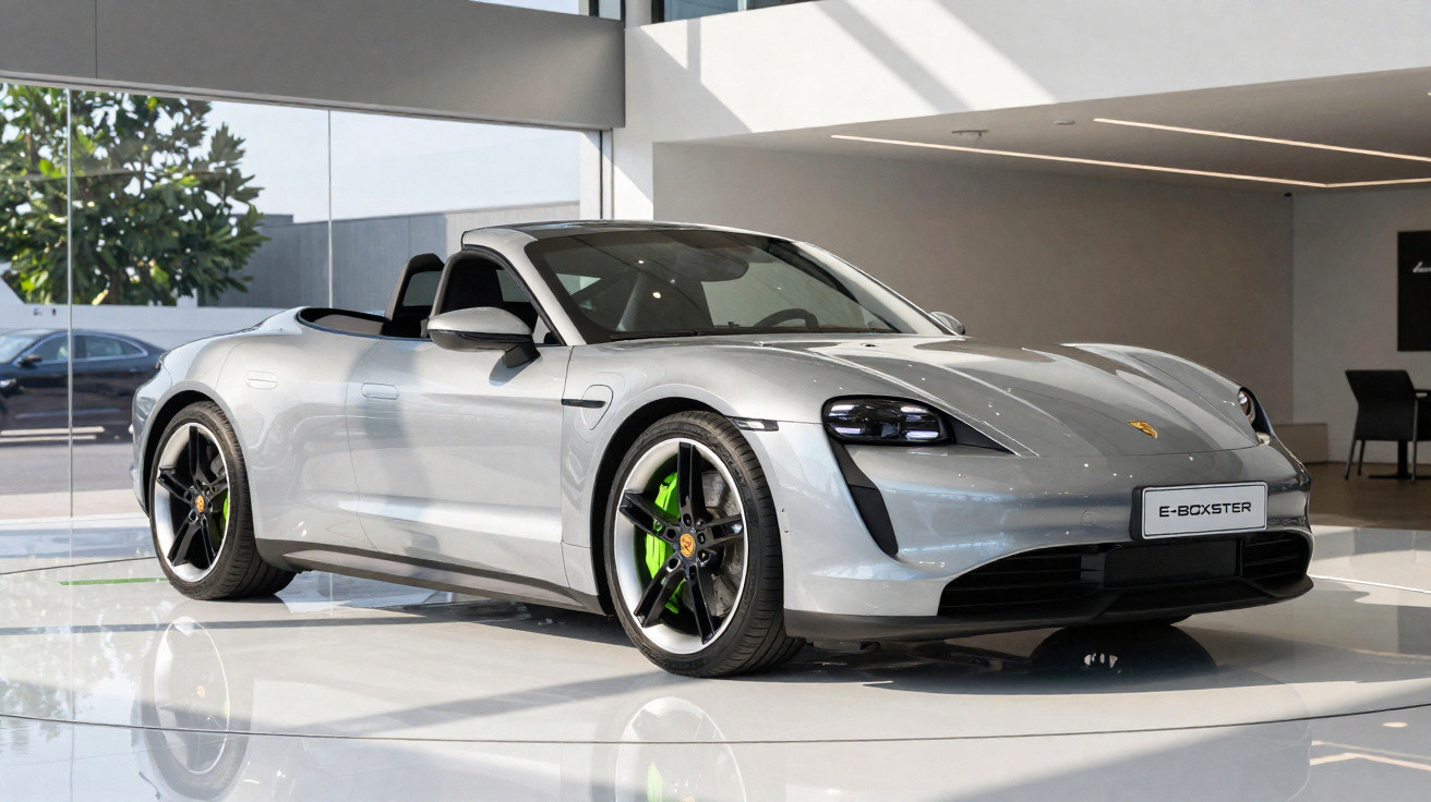 Automóvel desportivo elétrico prata Porsche Taycan E-Boxster exibido em salão moderno com rodas pretas e detalhes verdes.