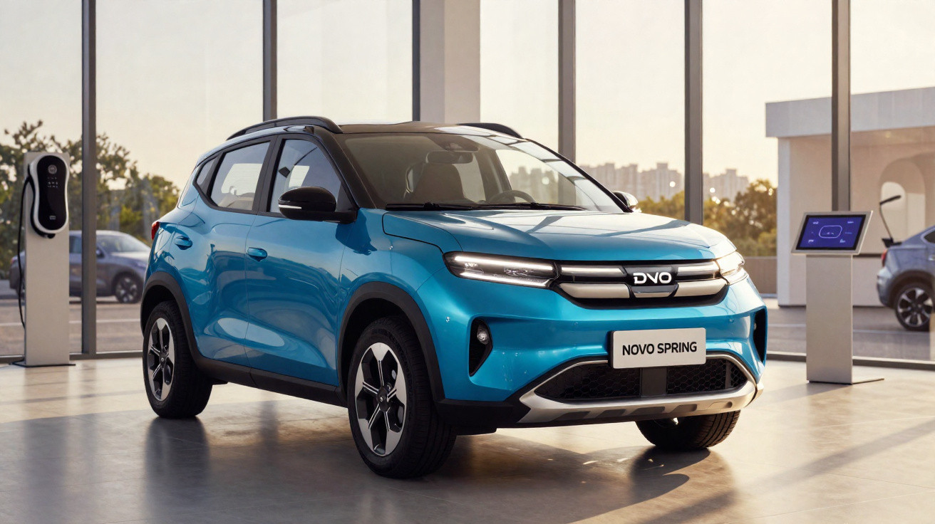 Veículo elétrico azul exposto em showroom moderno com área de carregamento ao fundo.