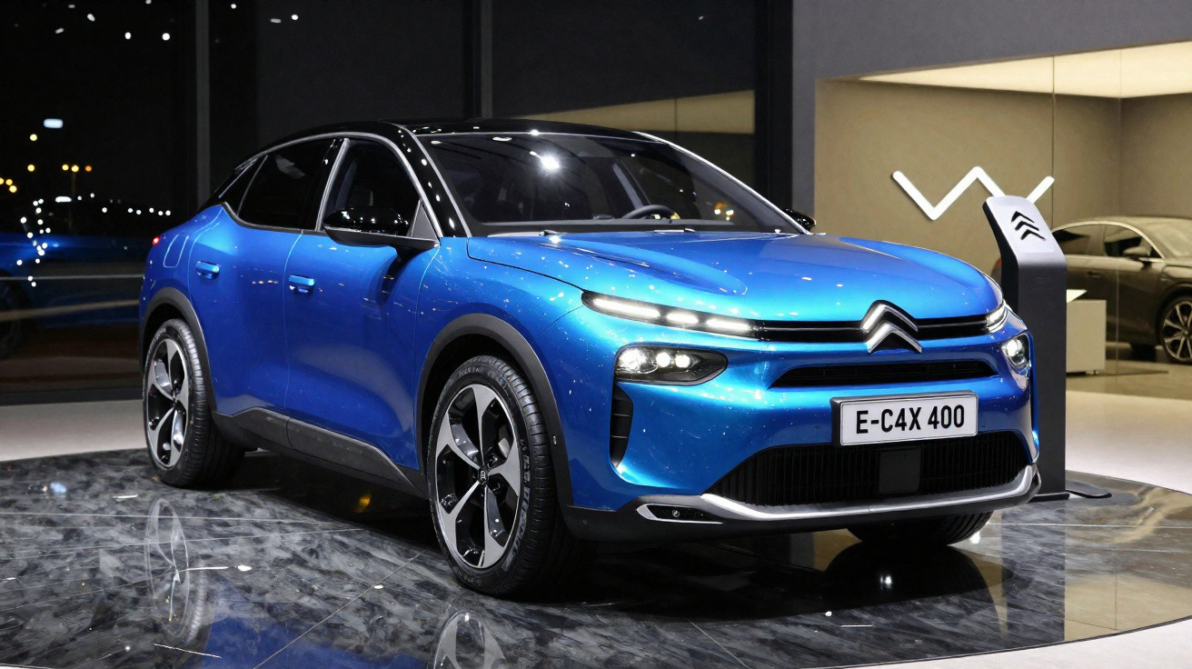 Automóvel Citroën E-C4 X 400 elétrico de cor azul exposto em salão automóvel moderno.