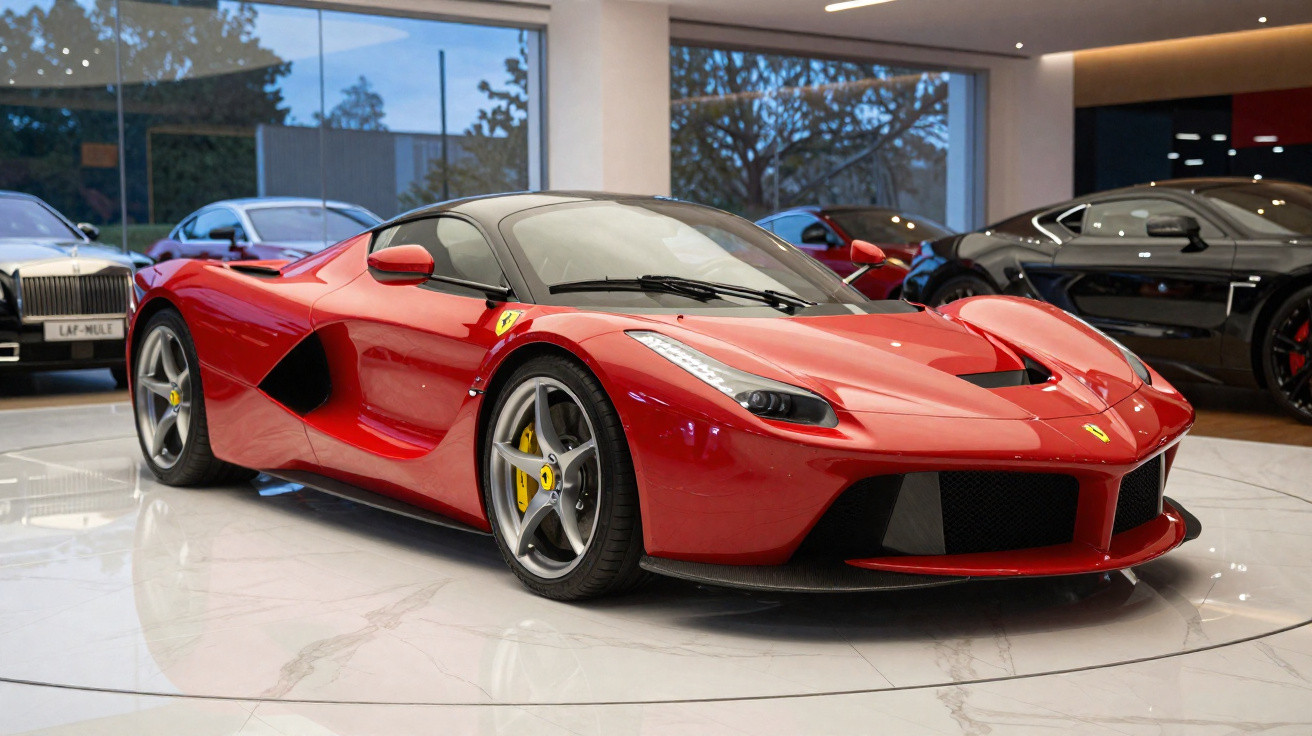 Carro desportivo Ferrari vermelho brilhante estacionado em showroom moderno com chão de mármore.