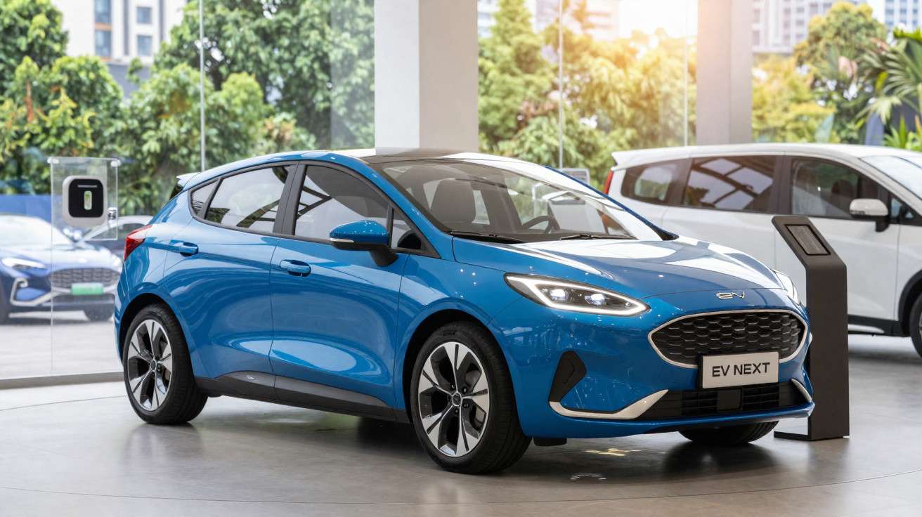 Carro elétrico azul futurista em exposição dentro de showroom moderno com carros ao fundo.
