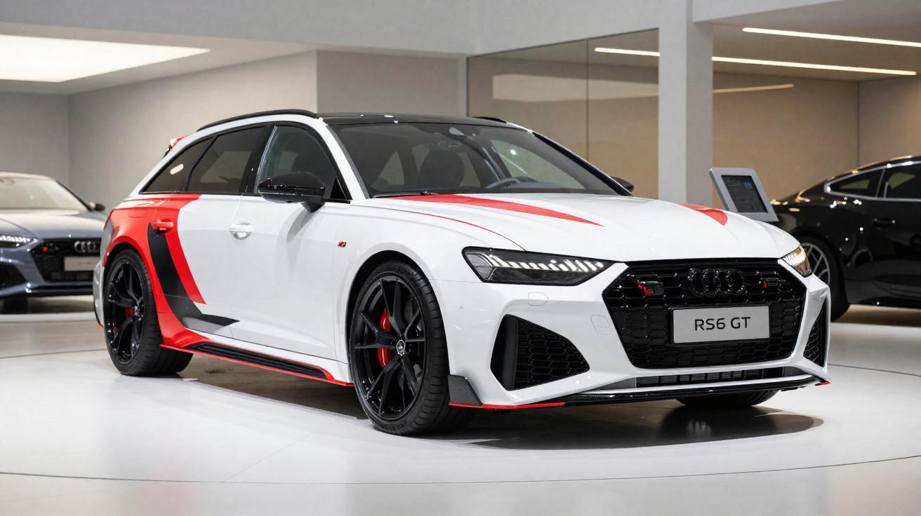 Audi RS6 GT branco com detalhes a vermelho e preto exposto em showroom moderno e iluminado.