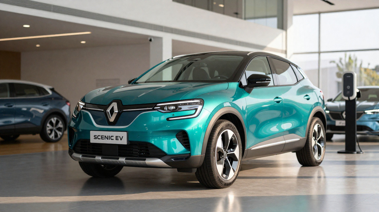 Carro eléctrico Renault Scenic EV azul estacionado em showroom moderno com outros veículos ao fundo.