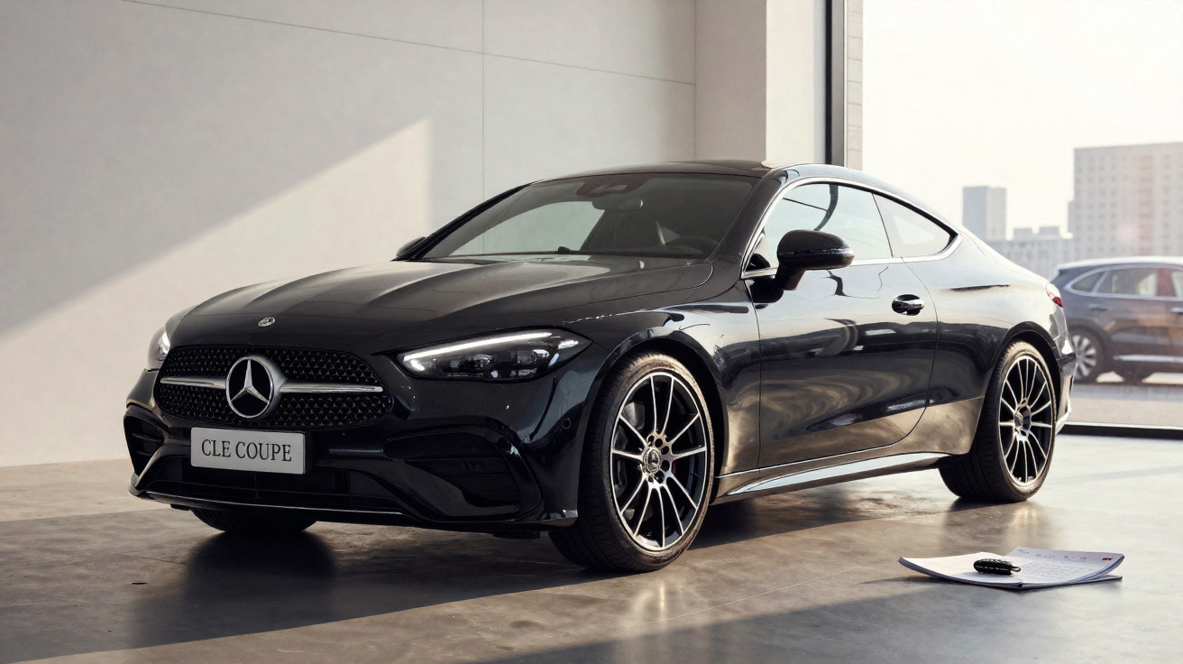 Carro desportivo Mercedes-Benz CLE Coupe preto estacionado em sala de exposição com luz natural.
