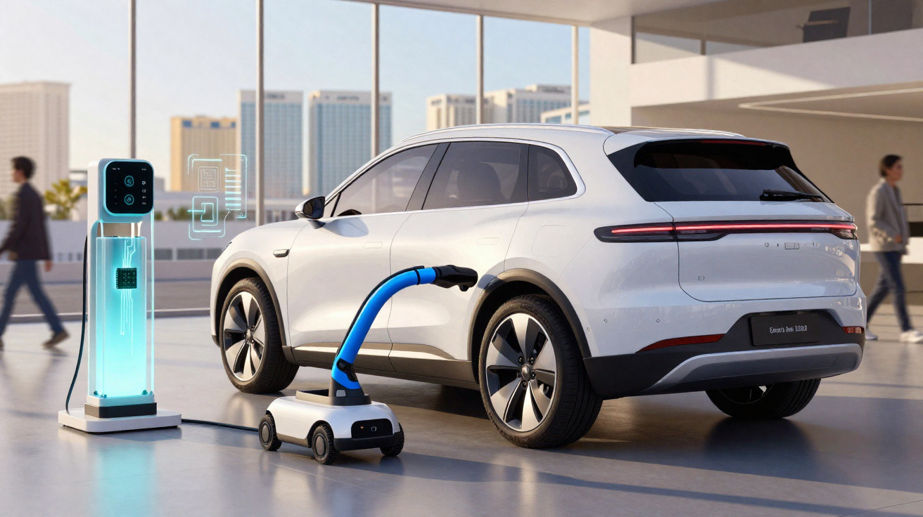 Carro elétrico branco a ser carregado numa estação junto a um dispositivo tecnológico em espaço interior moderno.