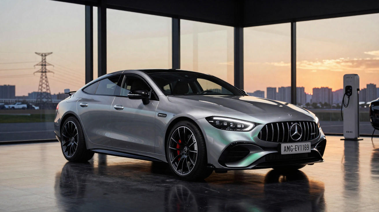 Mercedes-Benz elétrico prata estacionado em garagem moderna com janelas amplas ao pôr do sol.