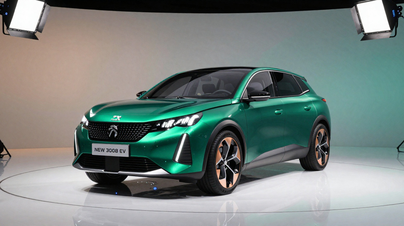 Automóvel elétrico Peugeot 3008 EV verde em estúdio, vista dianteira três quartos direita.