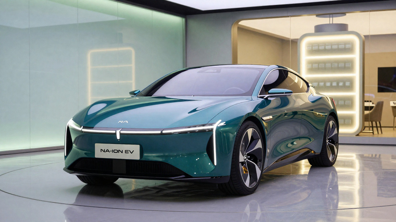 Carro elétrico azul futurista NA-ION EV estacionado em ambiente moderno com bateria iluminada ao fundo.