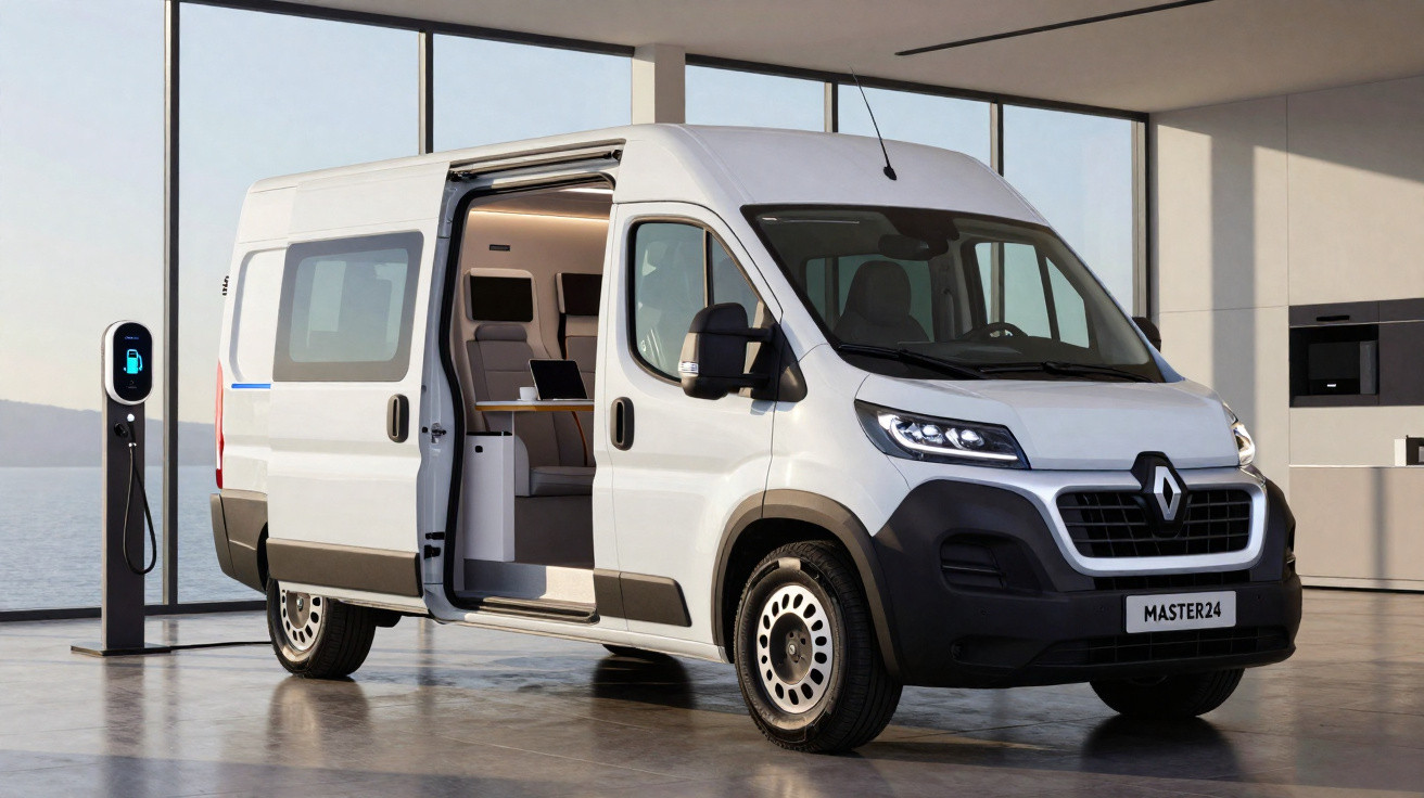 Carrinha eléctrica branca Renault Master24 com porta lateral aberta, interior moderno com secretária e cadeira.