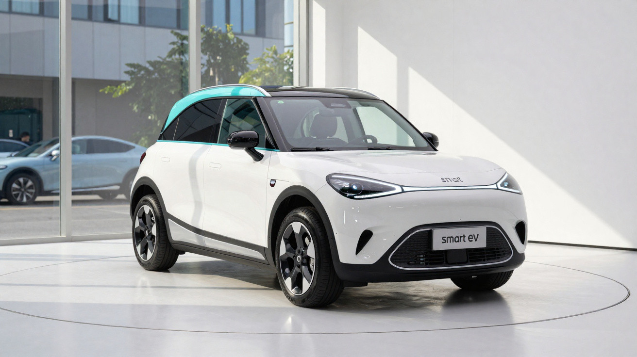 Carro elétrico compacto branco com teto preto exibido em showroom moderno com grandes janelas.