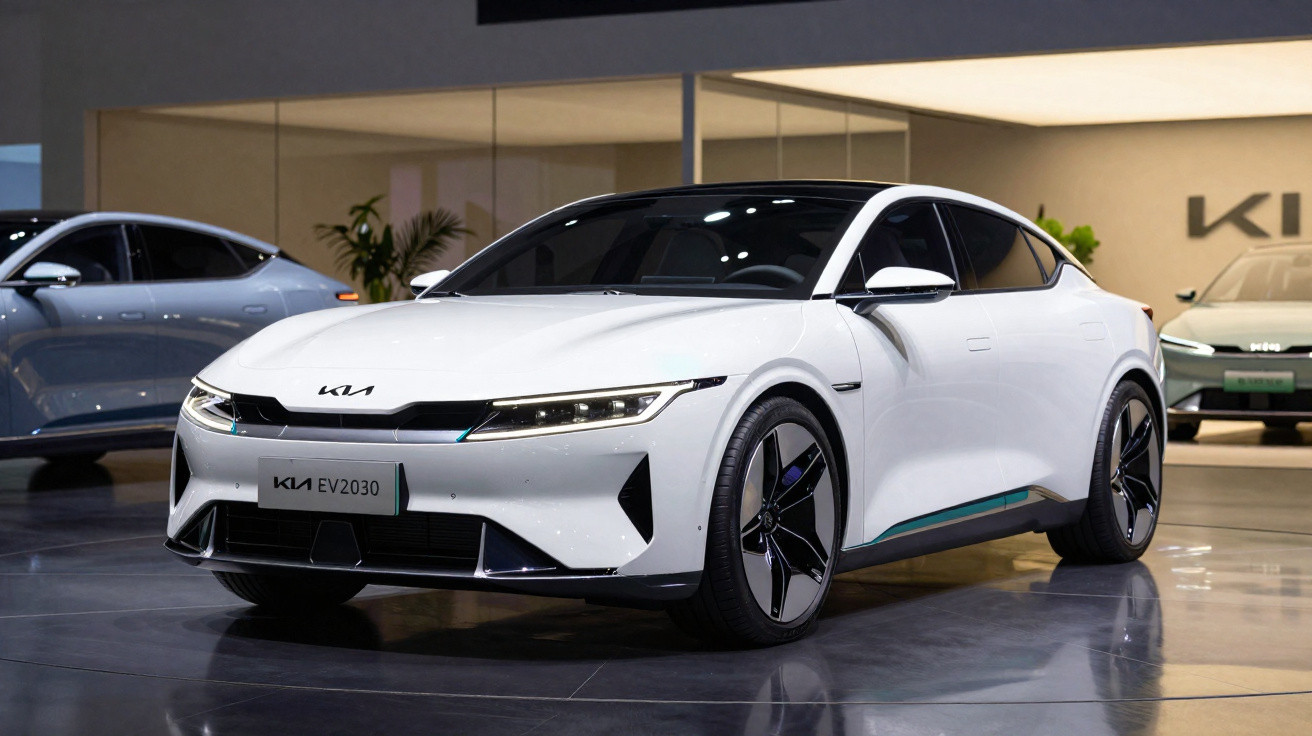 Carro elétrico branco Kia EV2030 exposto num salão automóvel com reflexos no chão.