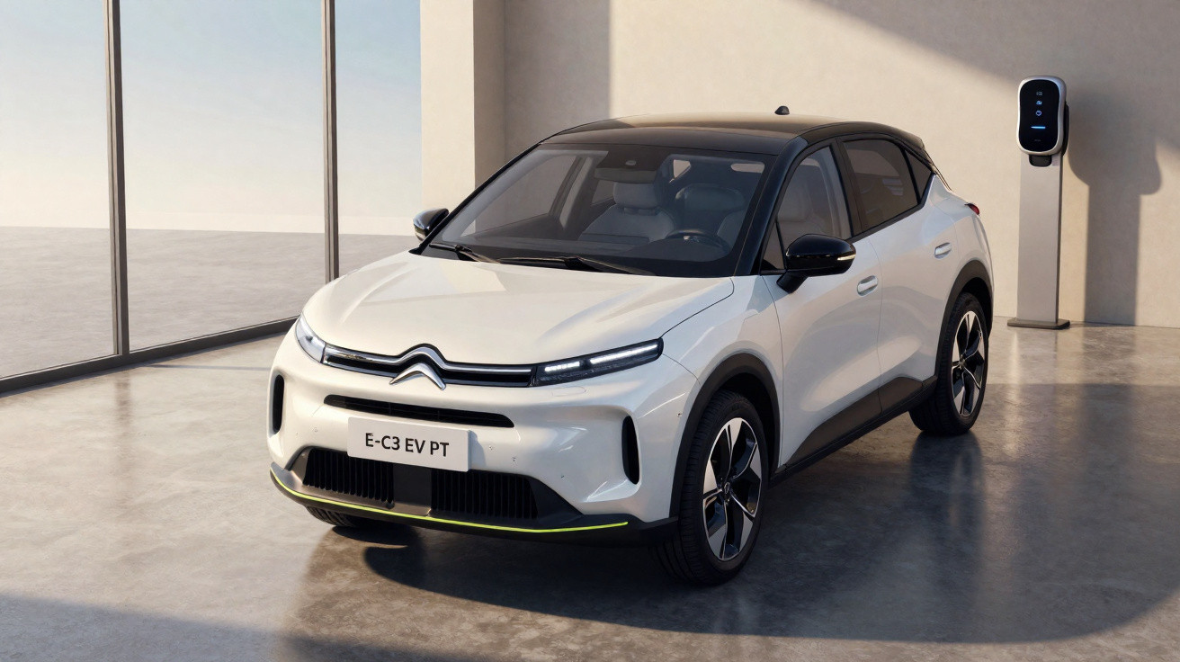 Carro elétrico Citroën E-C3 EV branco estacionado em espaço moderno com ponto de carregamento.