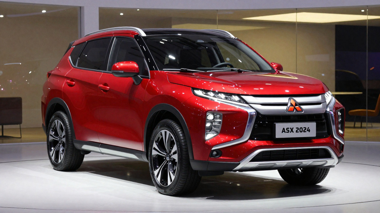 Carro SUV Mitsubishi ASX 2024 vermelho estacionado em ambiente interior moderno e minimalista.