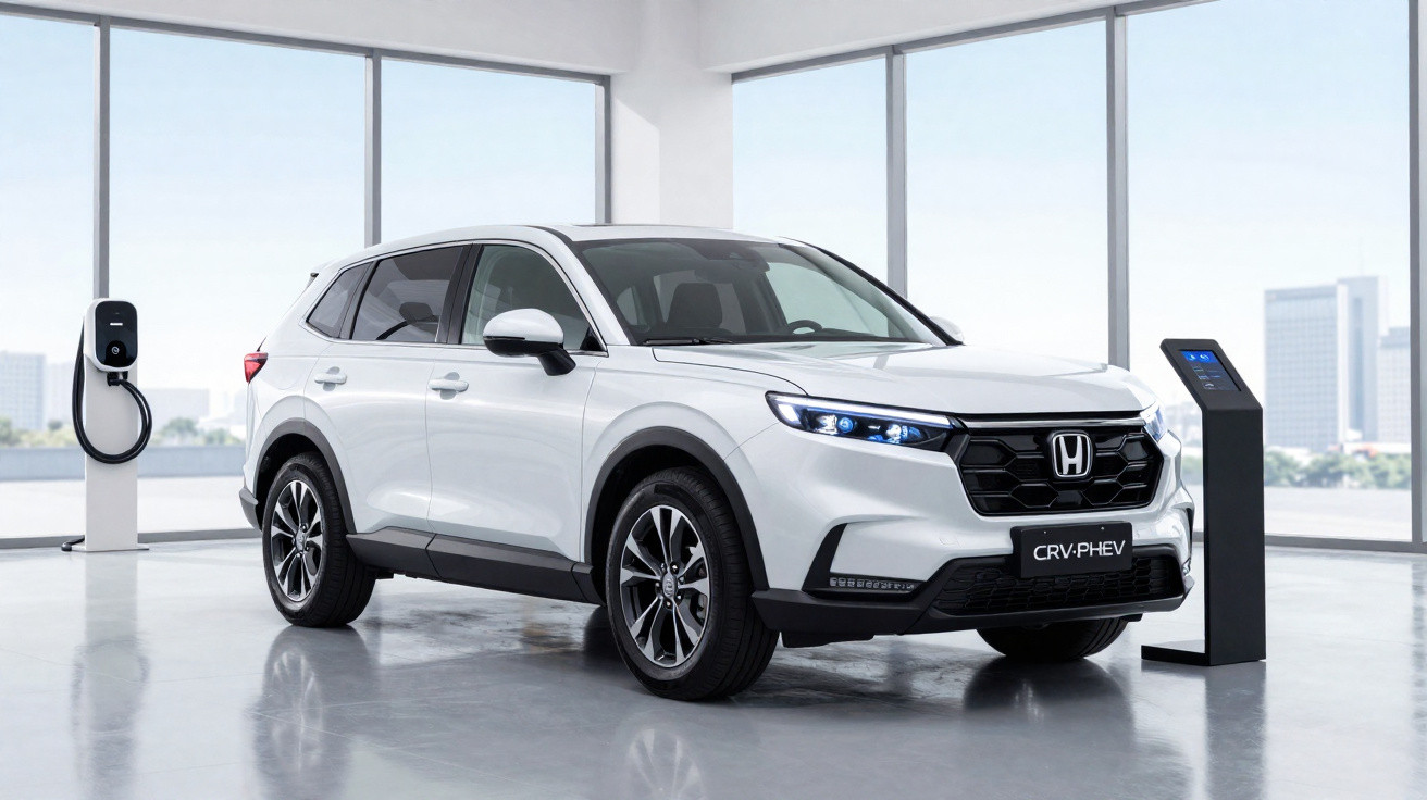 SUV Honda CR-V PHEV branco estacionado junto a um posto de carregamento elétrico interior.