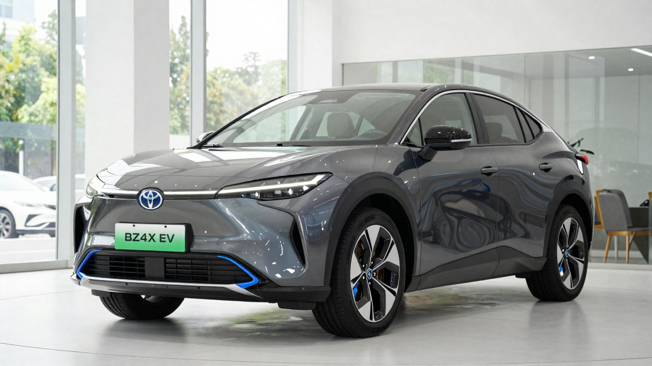Carro elétrico cinzento Toyota BZ4X EV expositor em sala moderna com grandes janelas de vidro.