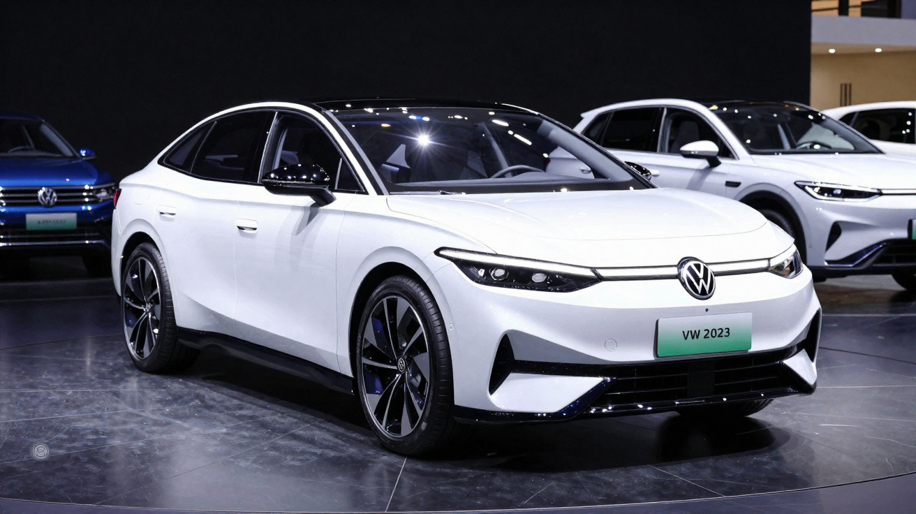 Carro elétrico branco Volkswagen 2023 em exposição, com design moderno e linhas aerodinâmicas.