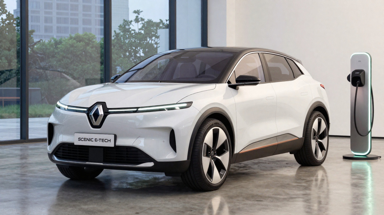 Carro elétrico branco Renault Scenic E-Tech estacionado em garagem com carregador elétrico.