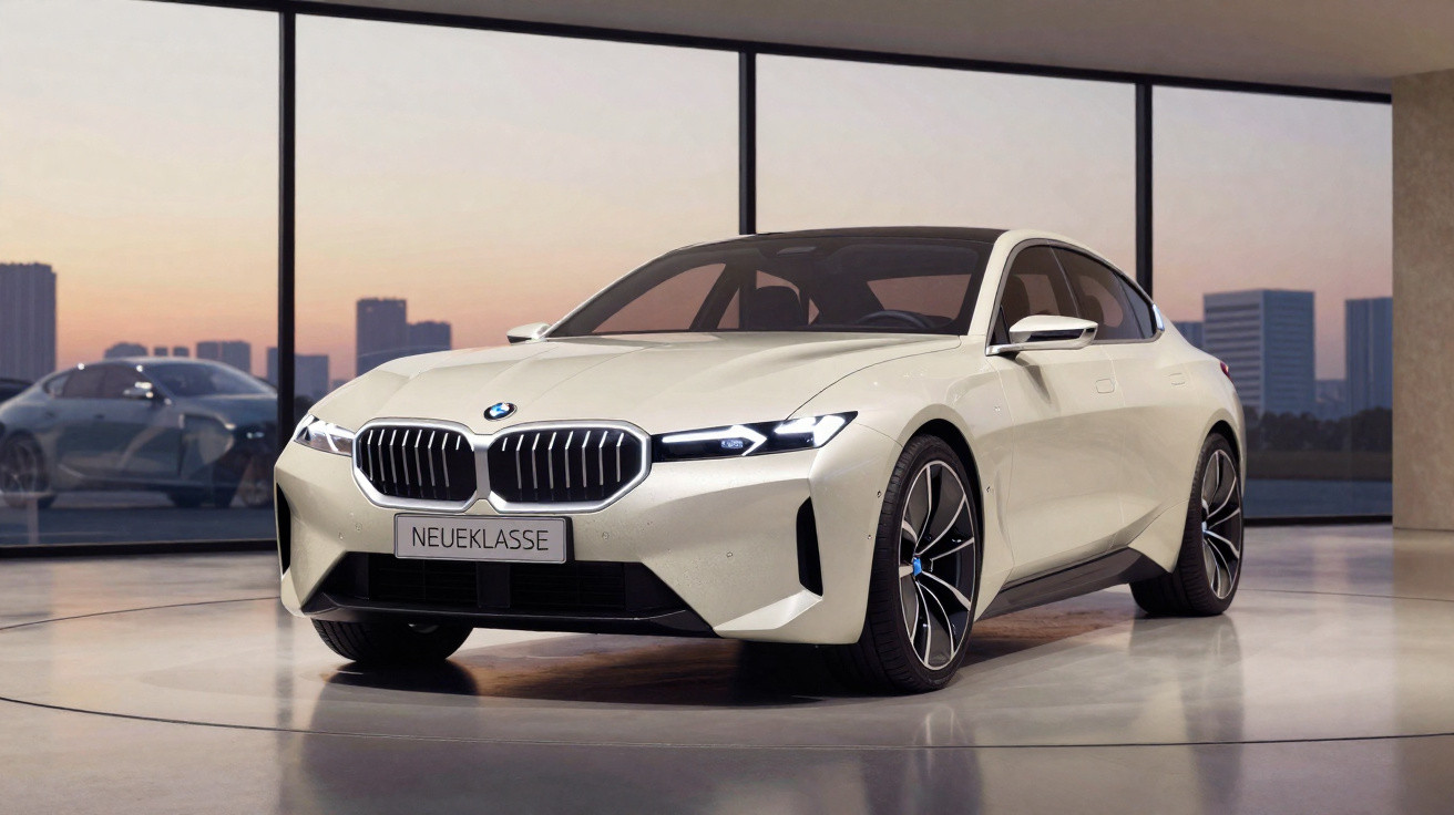Carro BMW branco moderno elétrico exposto em salão com janelas grandes e edifícios ao fundo ao pôr do sol.